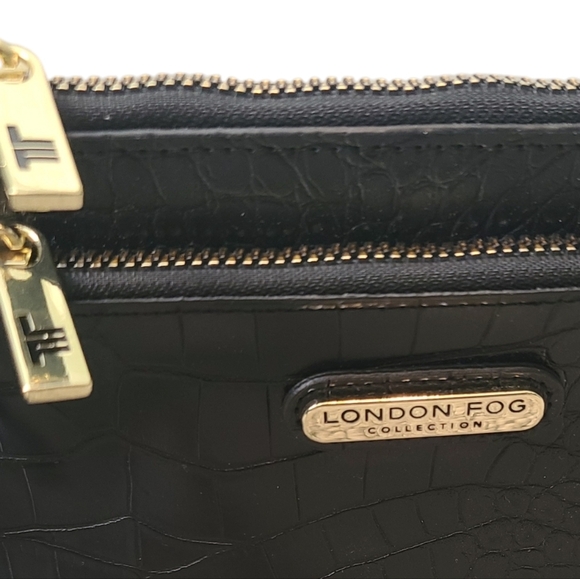 LONDON FOG Collection Danica Croco Wristlet Double Pouch Black with Gold Accents - Picture 5 of 14